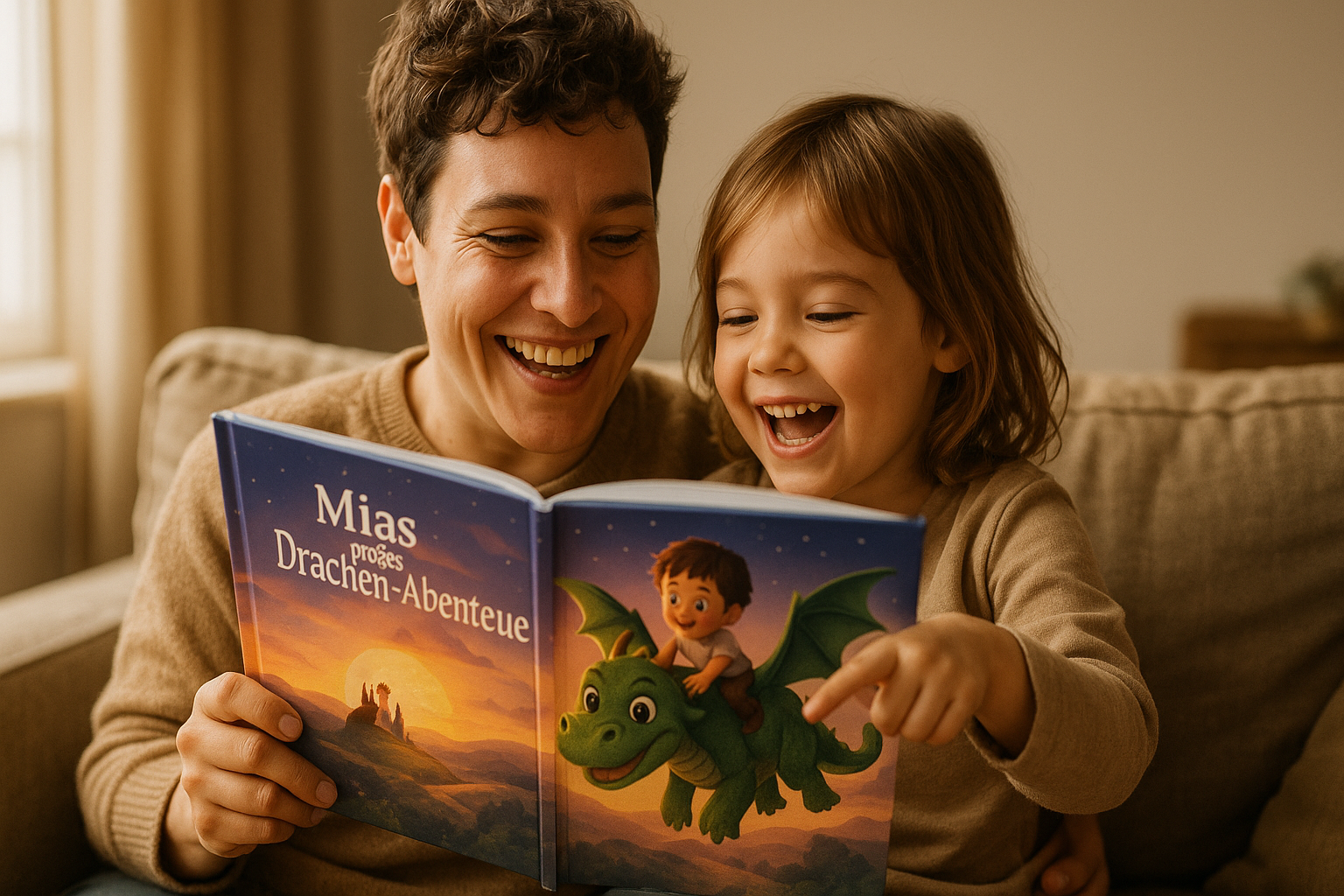 Elternteil und Kind lesen gemeinsam ihr personalisiertes Zauberzeile