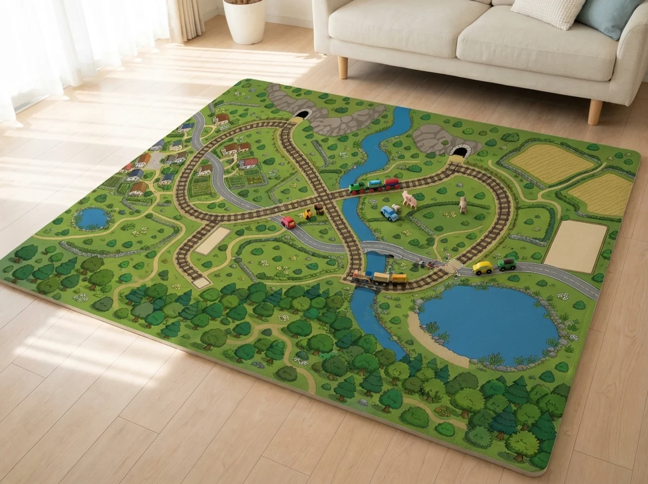 Personalisierter Eisenbahn-Spielteppich mit 3D-gedruckter Lok